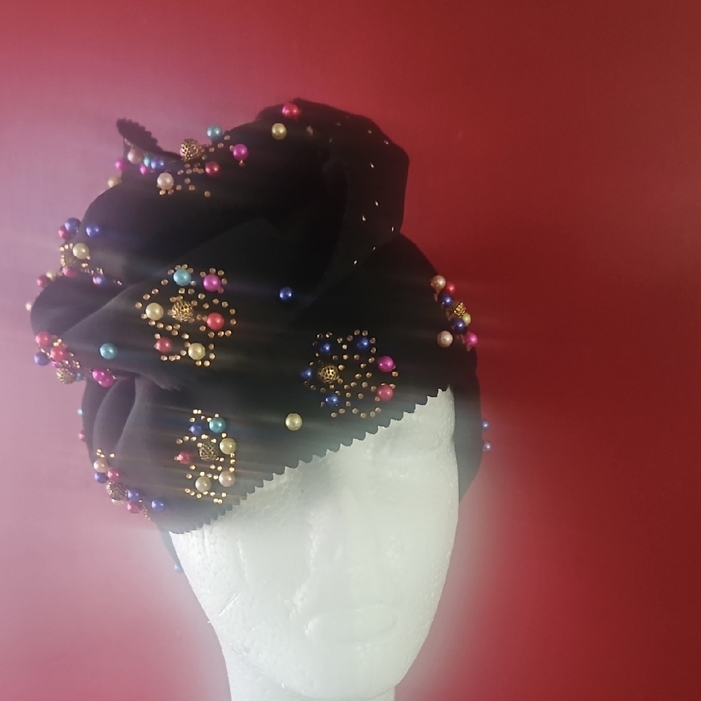 Elegant Black Beaded Women's Turban